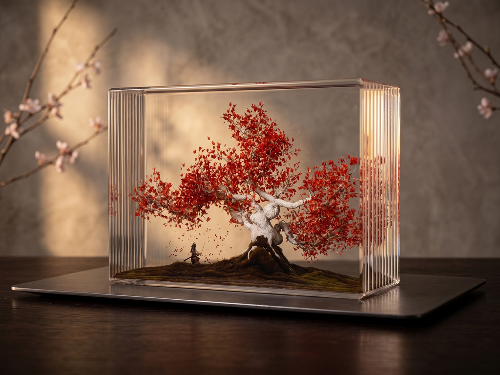 3D Layered Acrylic Samurai & Red Maple Tree Diorama