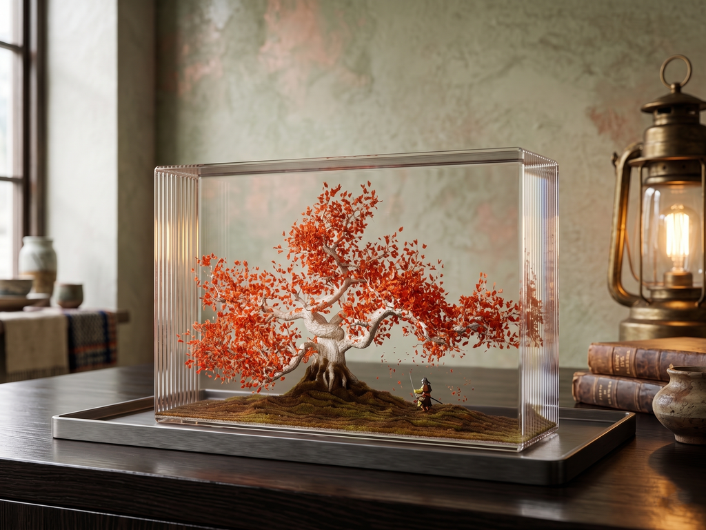 3D Layered Acrylic Samurai & Red Maple Tree Diorama