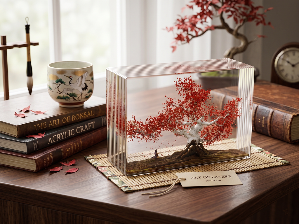 3D Layered Acrylic Samurai & Red Maple Tree Diorama