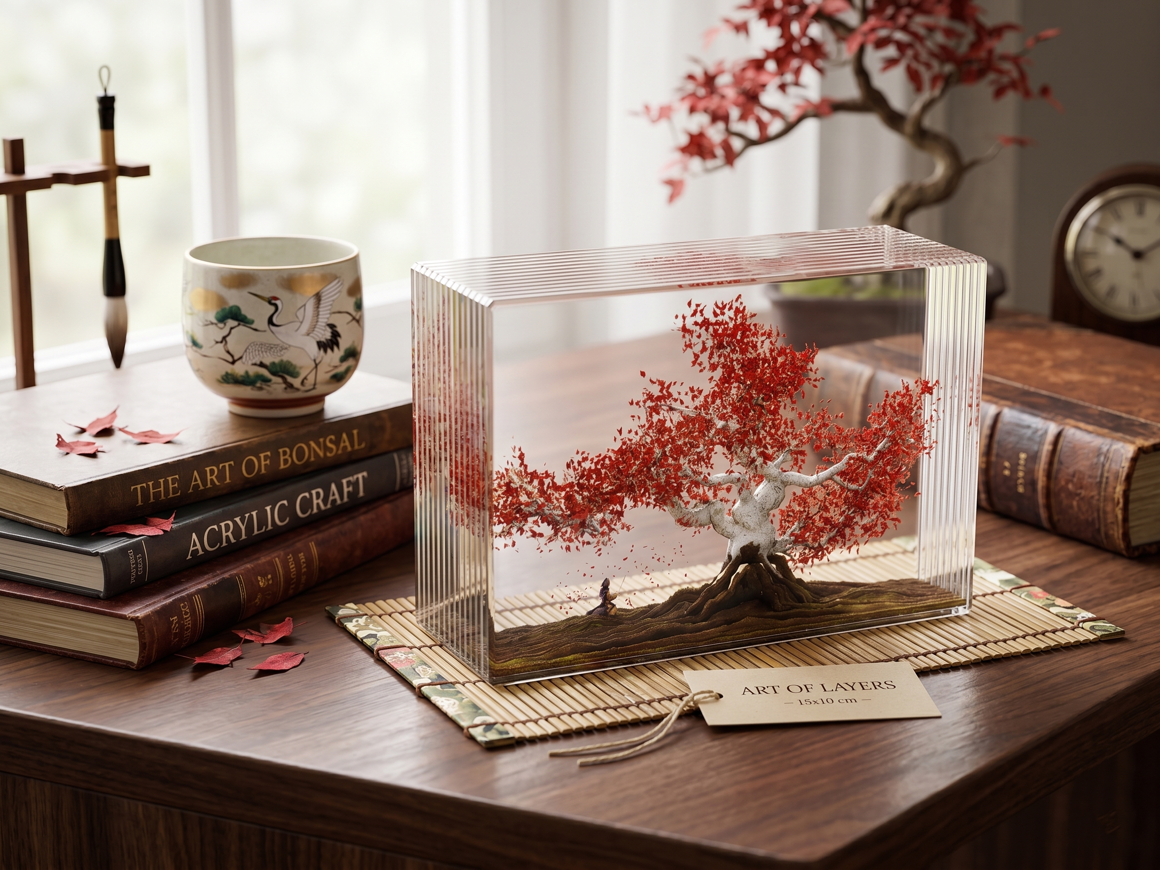 3D Layered Acrylic Samurai & Red Maple Tree Diorama