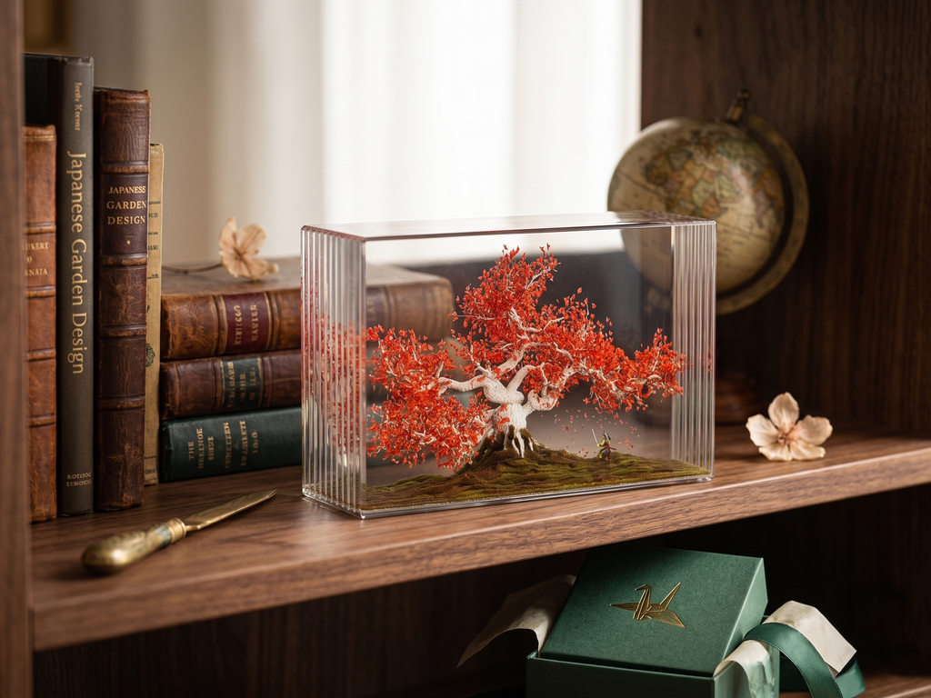 3D Layered Acrylic Samurai & Red Maple Tree Diorama
