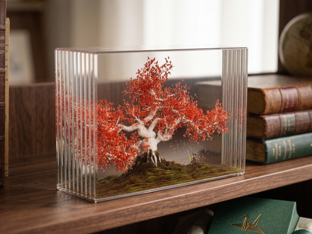 3D Layered Acrylic Samurai & Red Maple Tree Diorama